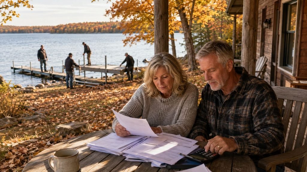 Couple reviewing documents by lake