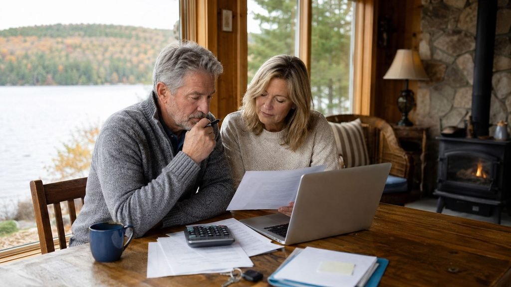 Couple discussing finances by window