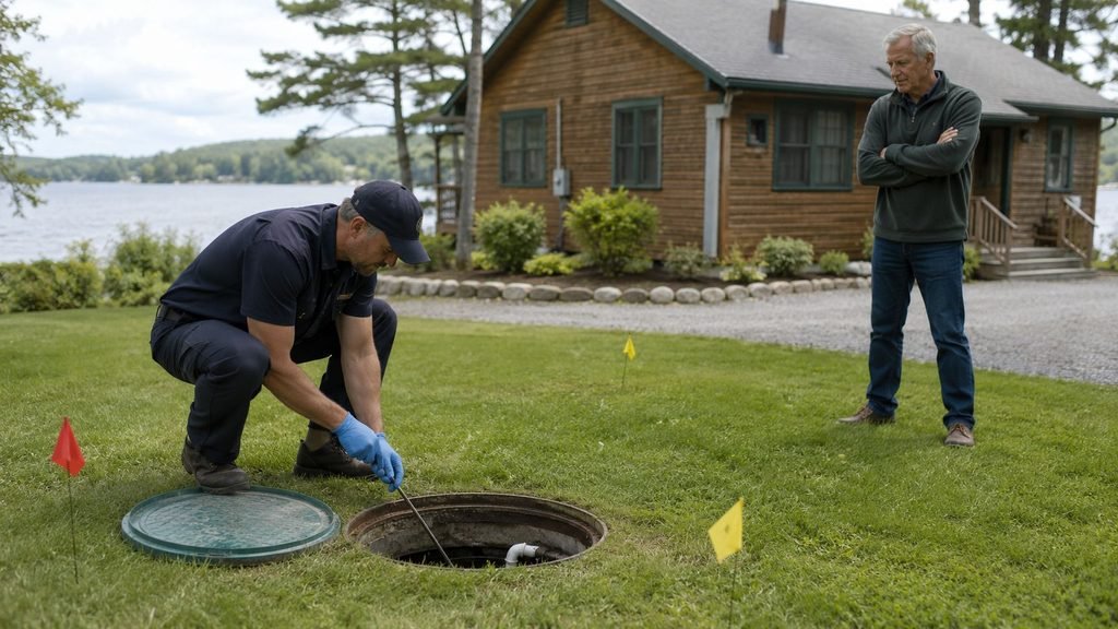 Man inspecting septic tank outdoors.