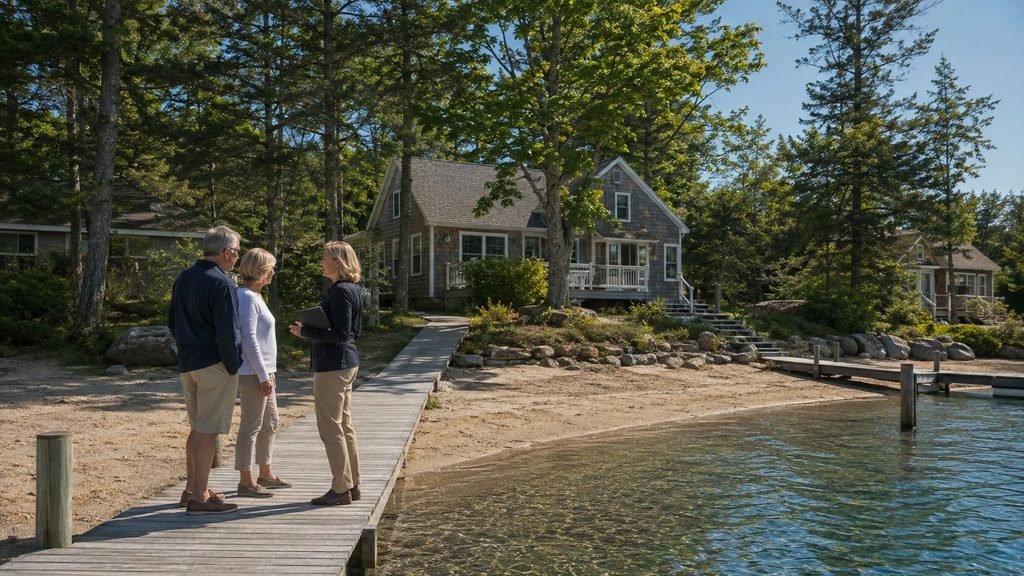 People by a lakeside cabin - buying a seasonal cottage