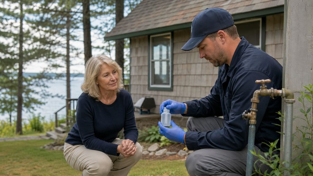 Man testing water, woman observing nearby.